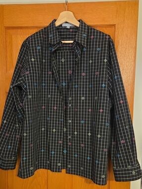 Vintage Black Grid Button-Up Shirt with Multicolor Diamond Accents